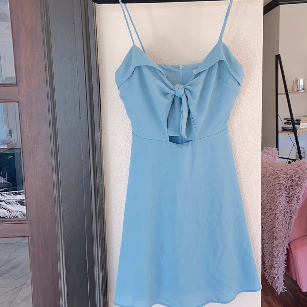 Blue front bow tie mini dress.